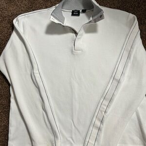 BOSS HUGO BOSS Men's Knit Collared Pullover Sweater Snap Button White Gray XL